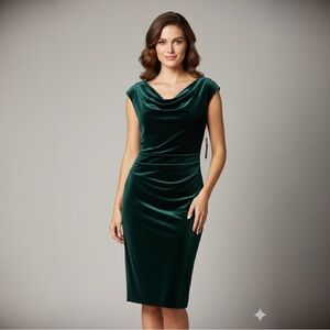 NWT Jessica Howard Dark Green Velvet Drape Cowl Neck Sheath Dress Size 10
